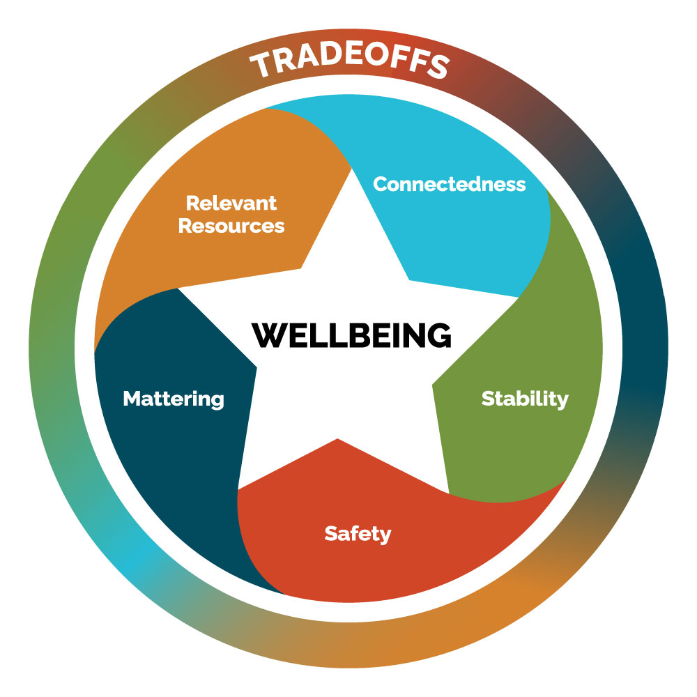 A circular diagram illustrating five interconnected components of wellbeing inside a star shape: Connectedness (light blue), Stability (green), Safety (red), Mattering (dark blue), and Relevant Resources (orange). The center of the star reads 'Wellbeing' in bold black text. A surrounding multicolor ring is labeled 'Tradeoffs,' indicating the need to balance these elements.